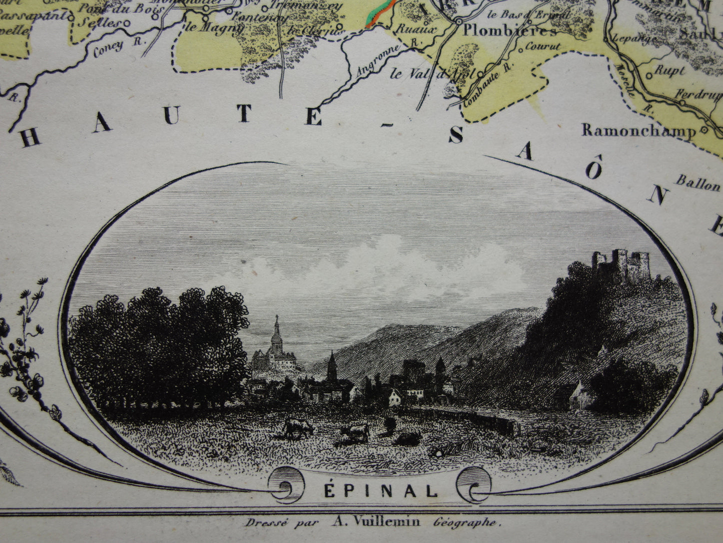 Oude kaart van VOSGES departement in Frankrijk uit 1851 originele antieke handgekleurde landkaart Épinal Contrexéville Gérardmer Jeanne d'Arc