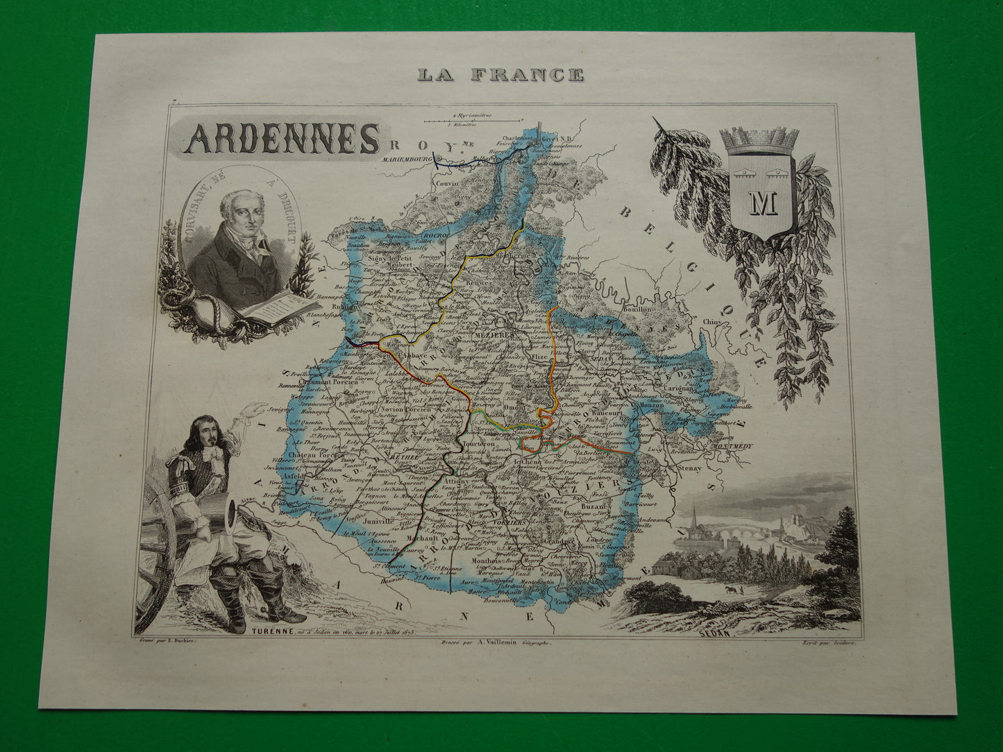 Oude kaart van Ardennes departement in Frankrijk uit 1851 originele antieke handgekleurde landkaart Charleville Mezieres Rethel Sedan Revin