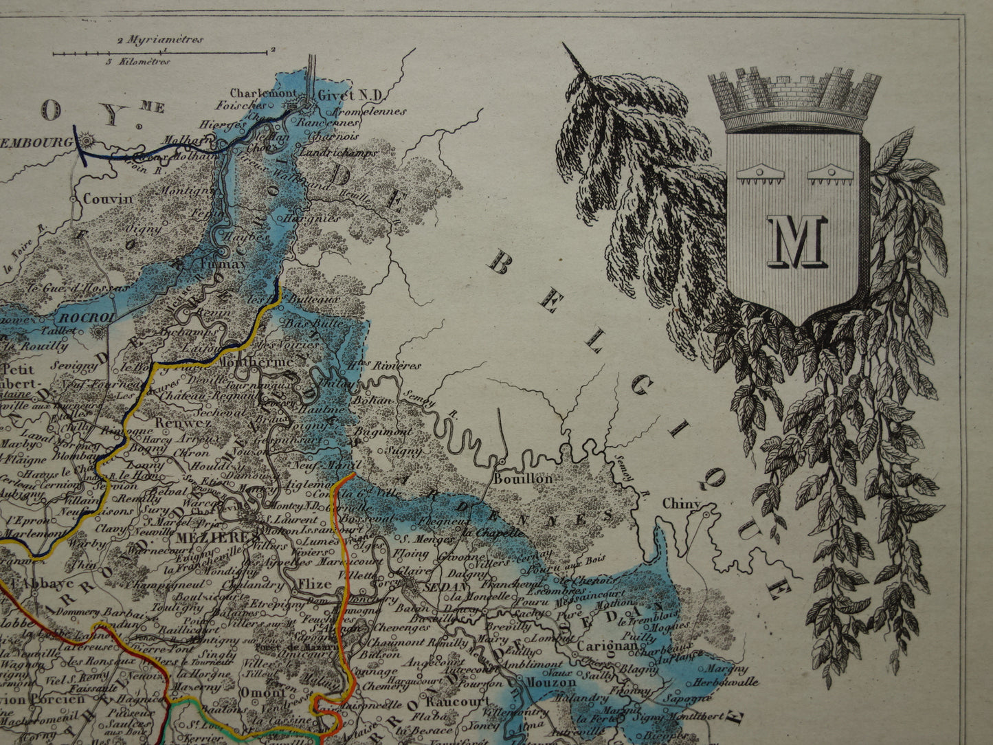 Oude kaart van Ardennes departement in Frankrijk uit 1851 originele antieke handgekleurde landkaart Charleville Mezieres Rethel Sedan Revin