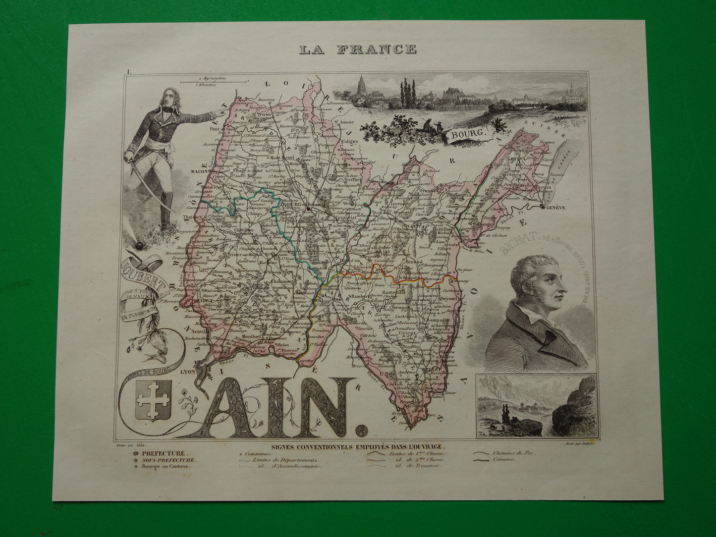 Oude kaart van AIN departement in Frankrijk uit 1851 originele antieke handgekleurde landkaart Bourg Belley Nantua Trevoux