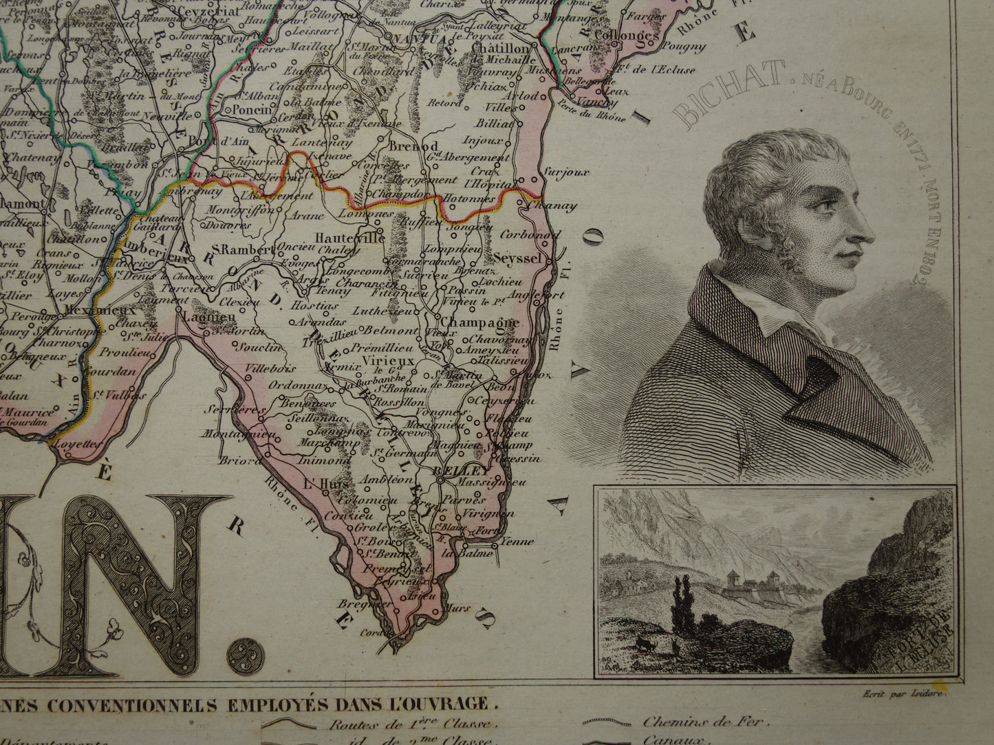 Oude kaart van AIN departement in Frankrijk uit 1851 originele antieke handgekleurde landkaart Bourg Belley Nantua Trevoux