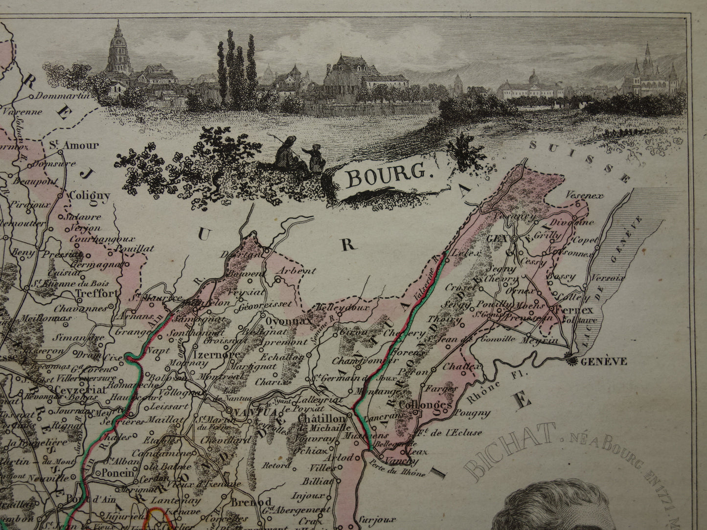 Oude kaart van AIN departement in Frankrijk uit 1851 originele antieke handgekleurde landkaart Bourg Belley Nantua Trevoux