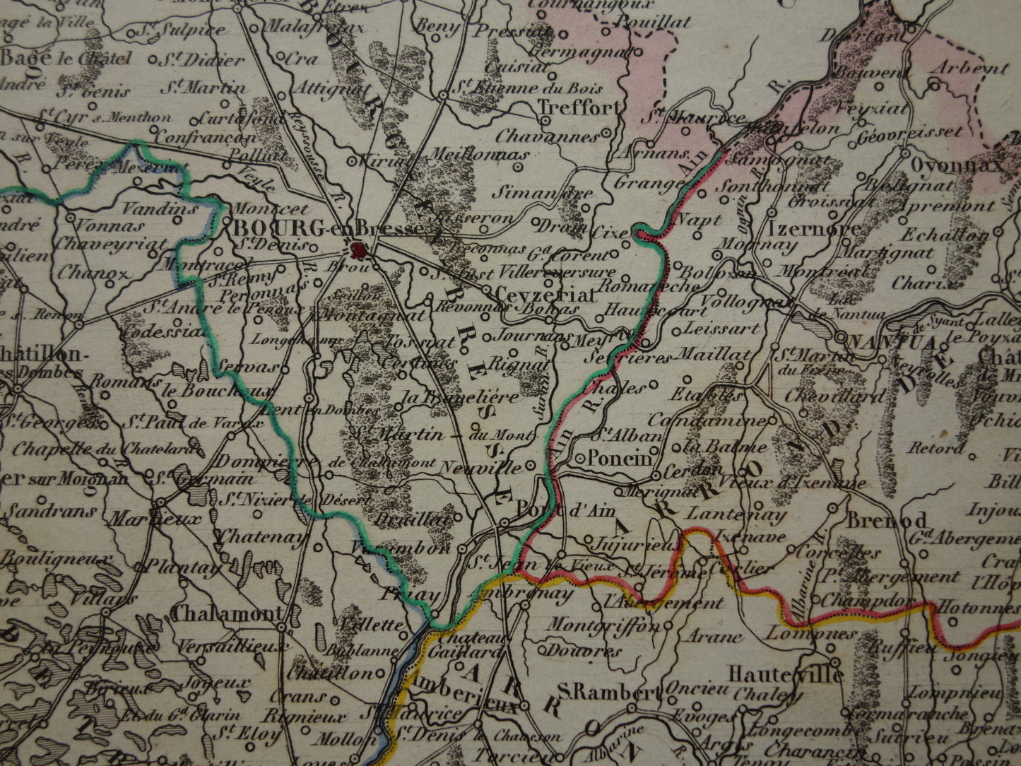 Oude kaart van AIN departement in Frankrijk uit 1851 originele antieke handgekleurde landkaart Bourg Belley Nantua Trevoux