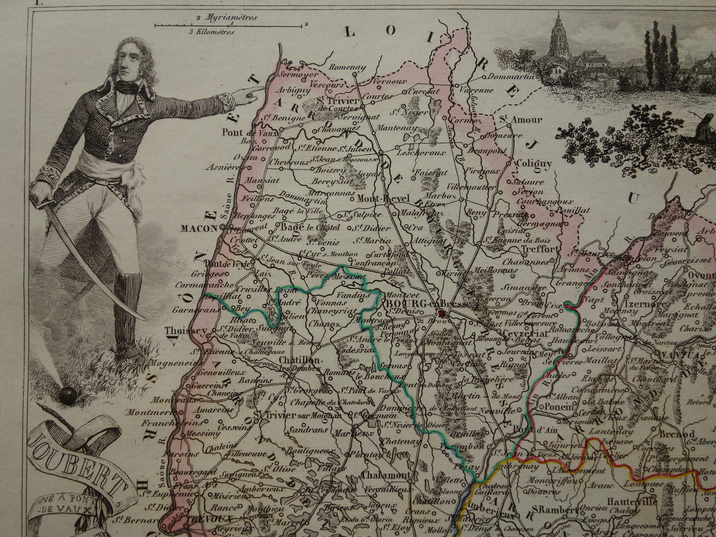 Oude kaart van AIN departement in Frankrijk uit 1851 originele antieke handgekleurde landkaart Bourg Belley Nantua Trevoux
