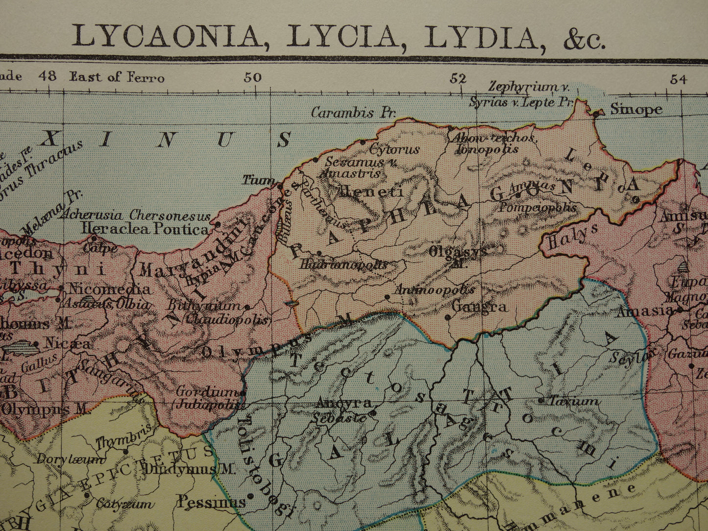 Asia Minor oude kaart van Turkije in de oudheid 1883 originele antieke landkaart Lydië Lycië Phrygië Carië geschiedeniskaart