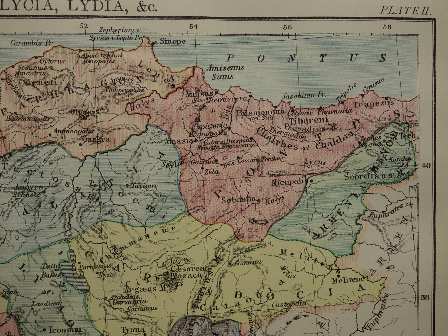 Asia Minor oude kaart van Turkije in de oudheid 1883 originele antieke landkaart Lydië Lycië Phrygië Carië geschiedeniskaart