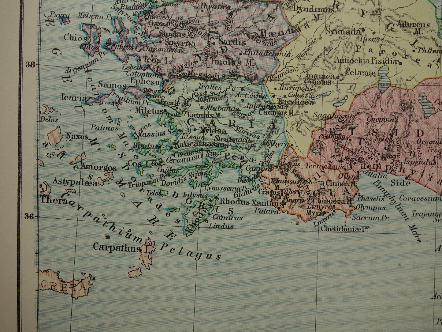 Asia Minor oude kaart van Turkije in de oudheid 1883 originele antieke landkaart Lydië Lycië Phrygië Carië geschiedeniskaart