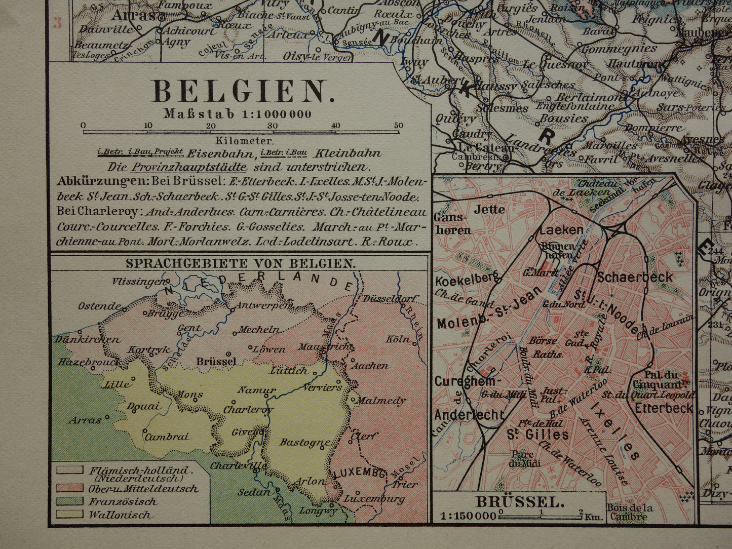 BELGIE vintage landkaart van België uit 1905 originele oude antieke Duitse kaart van België