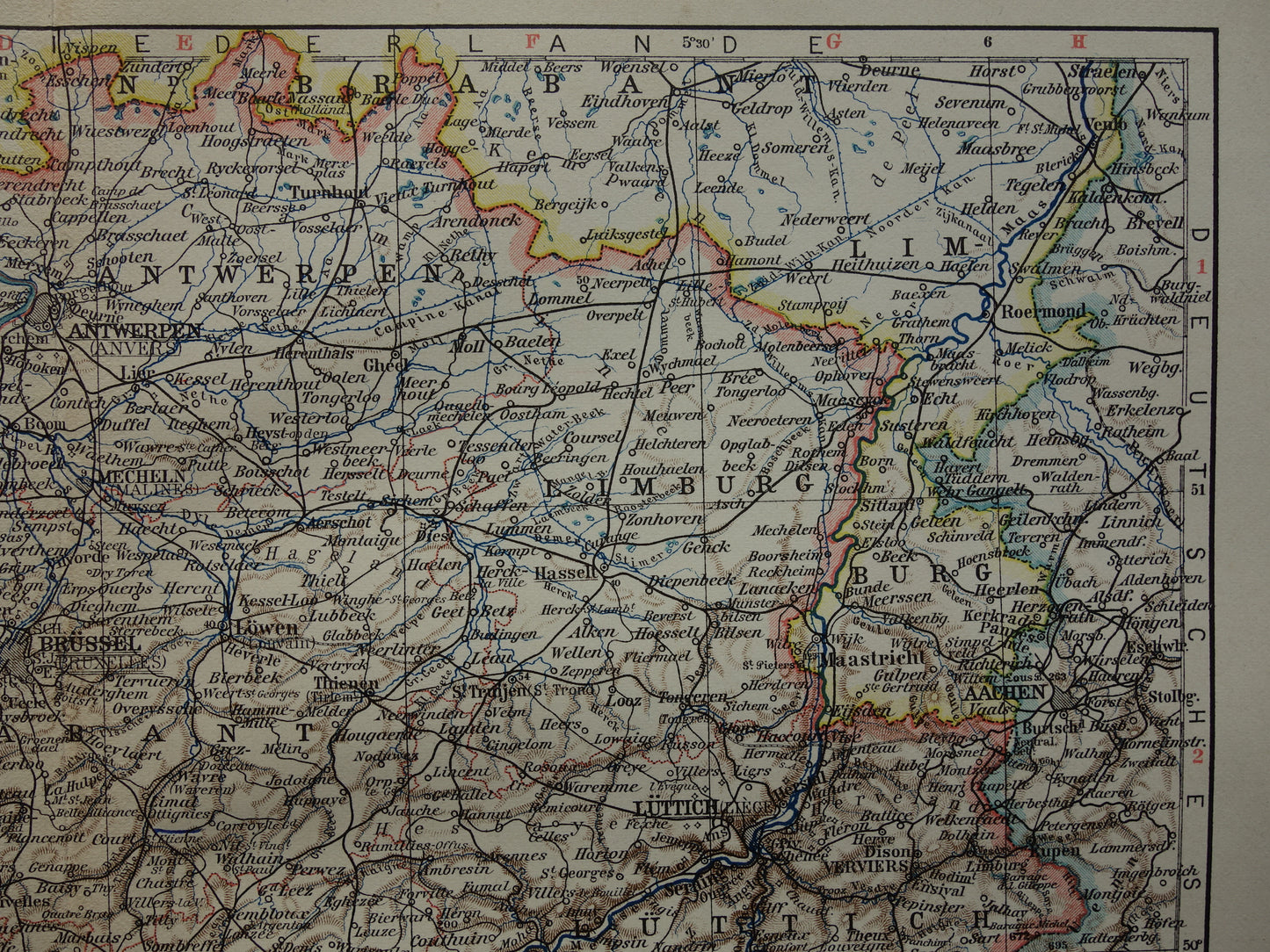 BELGIE vintage landkaart van België uit 1905 originele oude antieke Duitse kaart van België