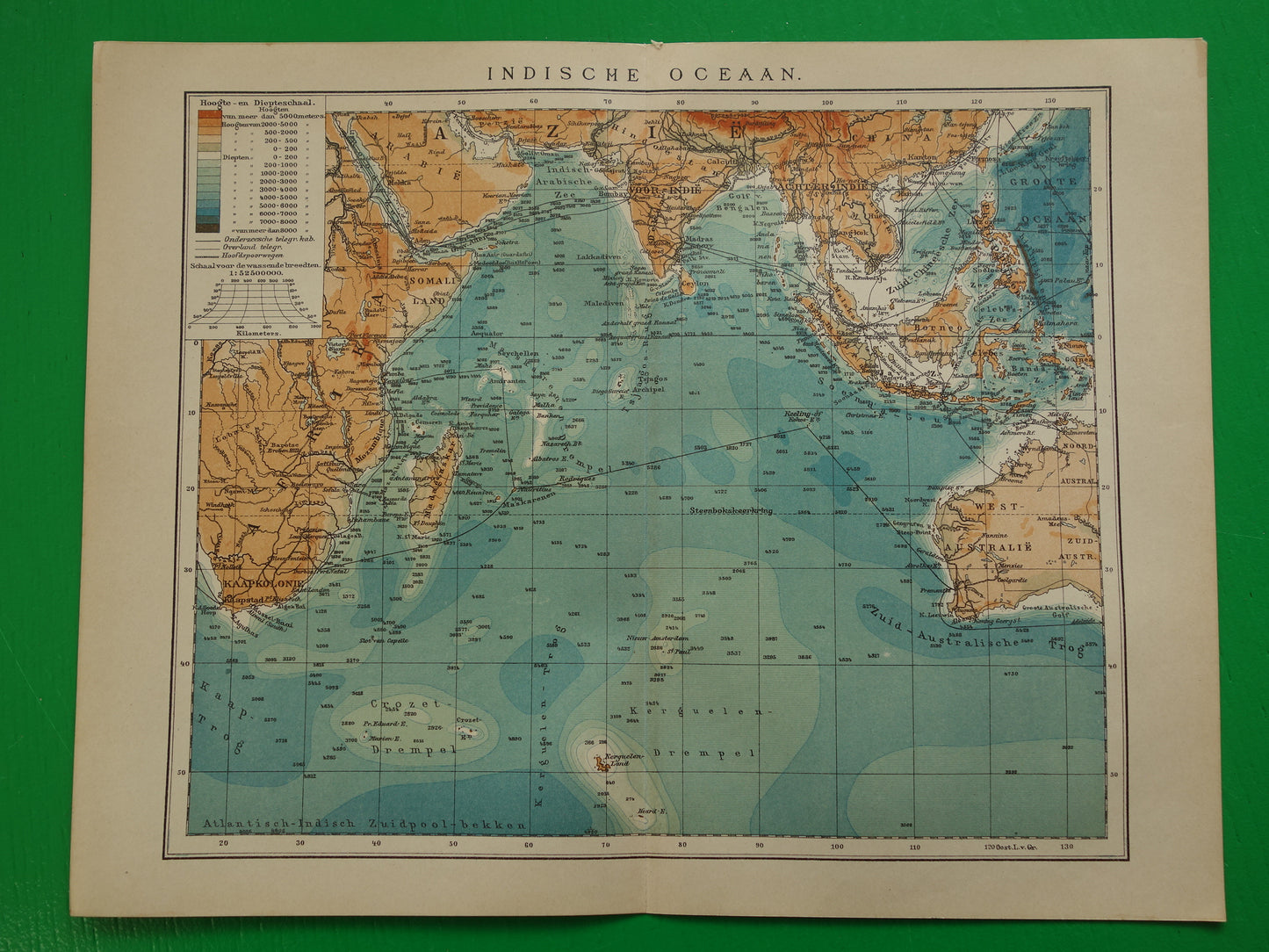 Oude kaart van de Indische Oceaan Originele 110+ jaar oude antieke Nederlandse landkaart zeekaart