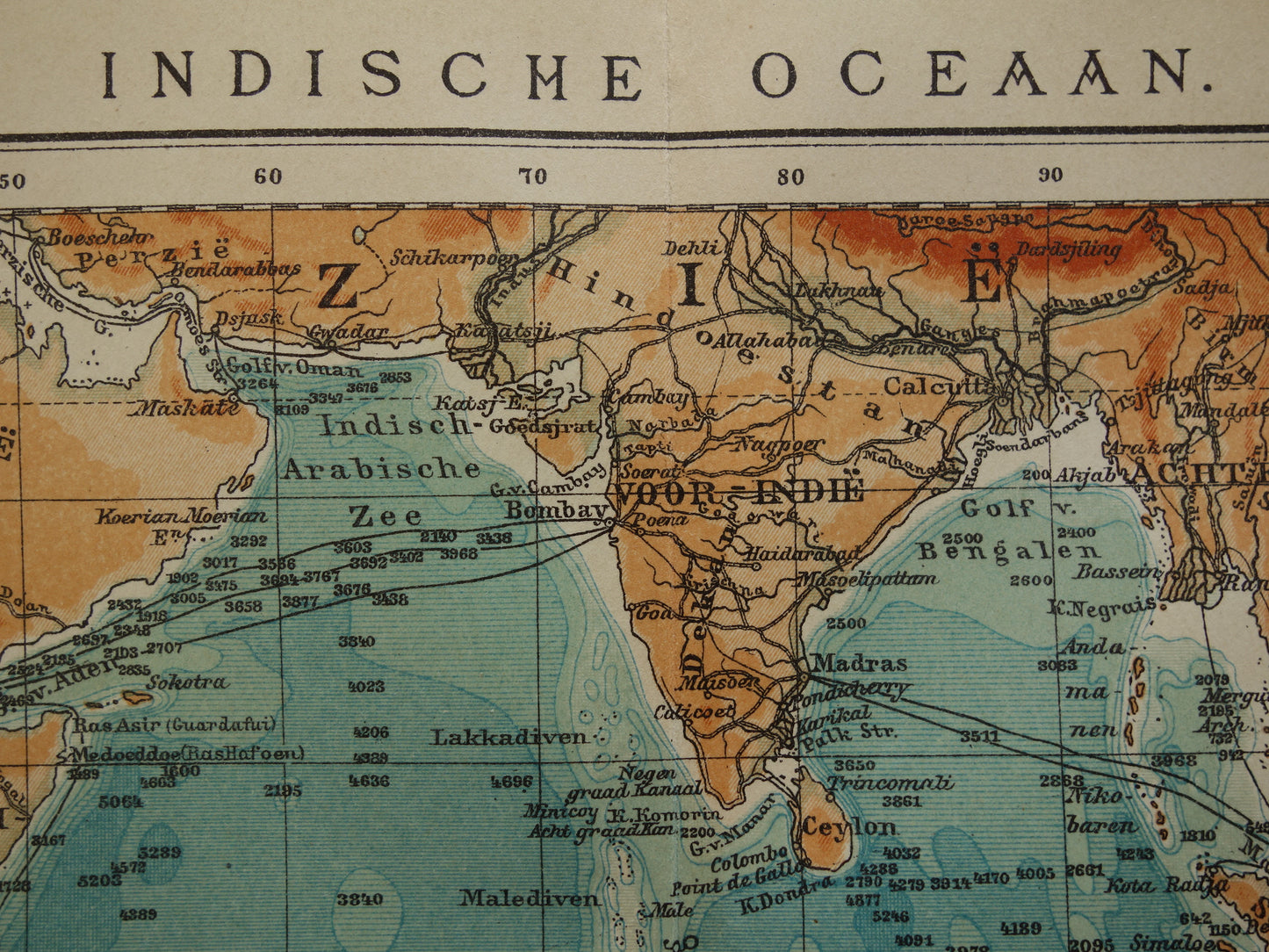 Oude kaart van de Indische Oceaan Originele 110+ jaar oude antieke Nederlandse landkaart zeekaart