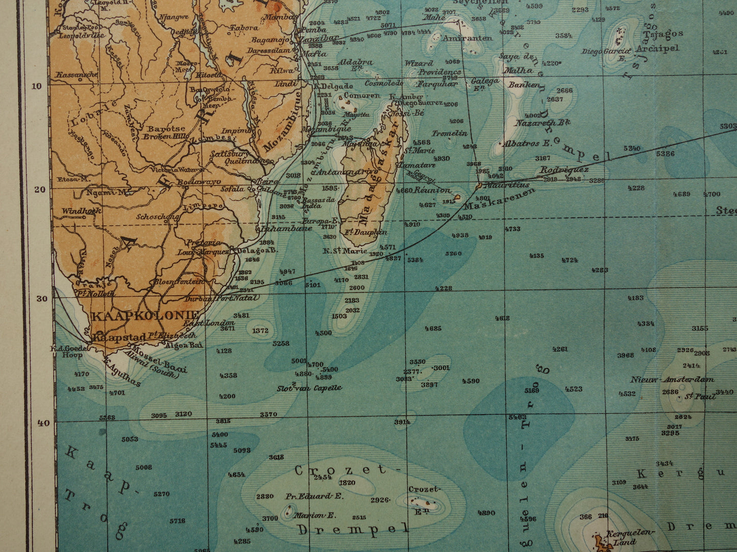 Oude kaart van de Indische Oceaan Originele 110+ jaar oude antieke Nederlandse landkaart zeekaart