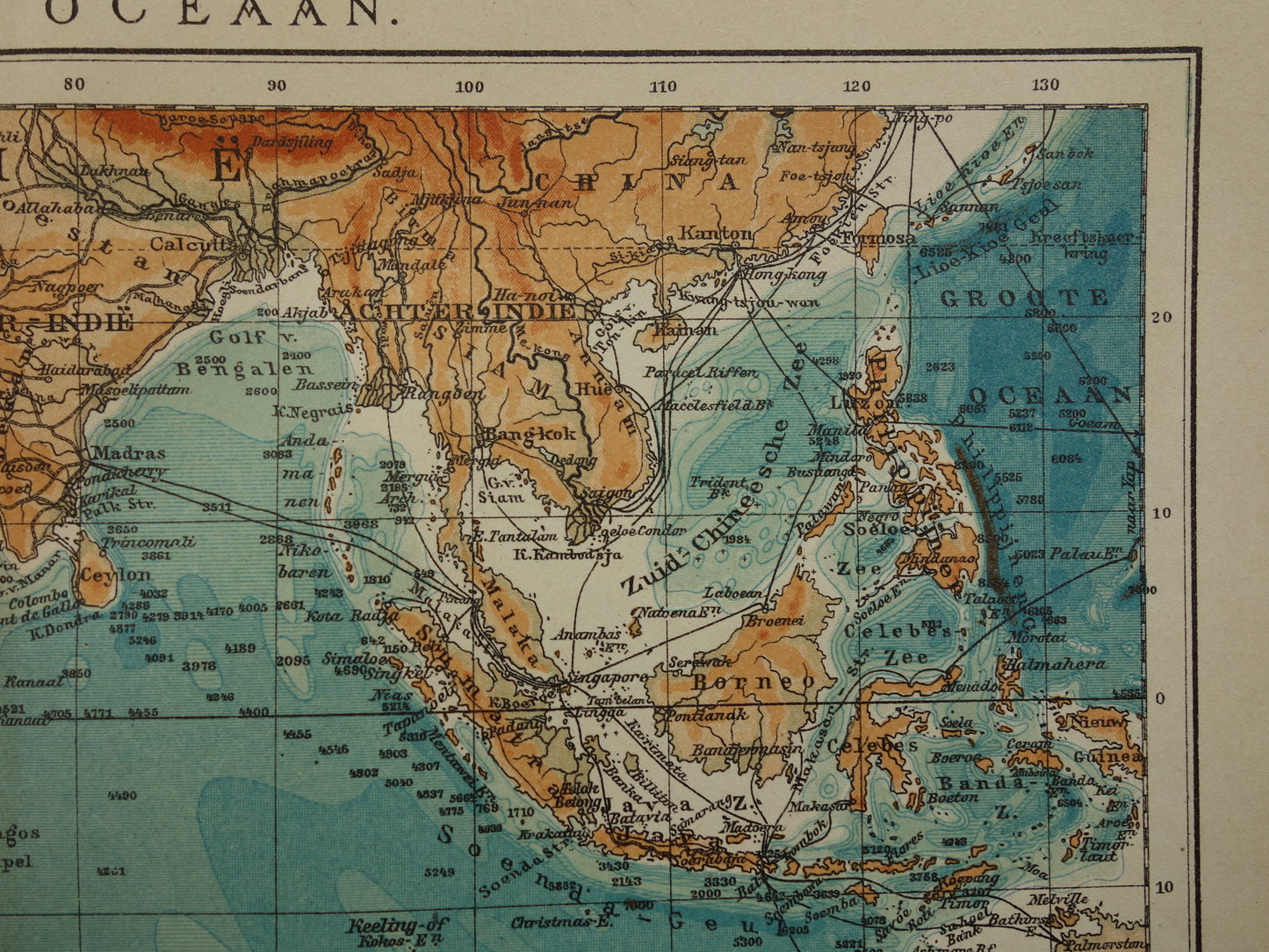 Oude kaart van de Indische Oceaan Originele 110+ jaar oude antieke Nederlandse landkaart zeekaart