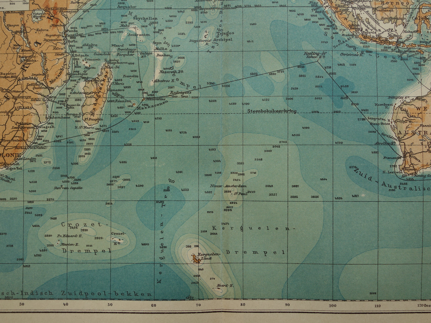 Oude kaart van de Indische Oceaan Originele 110+ jaar oude antieke Nederlandse landkaart zeekaart
