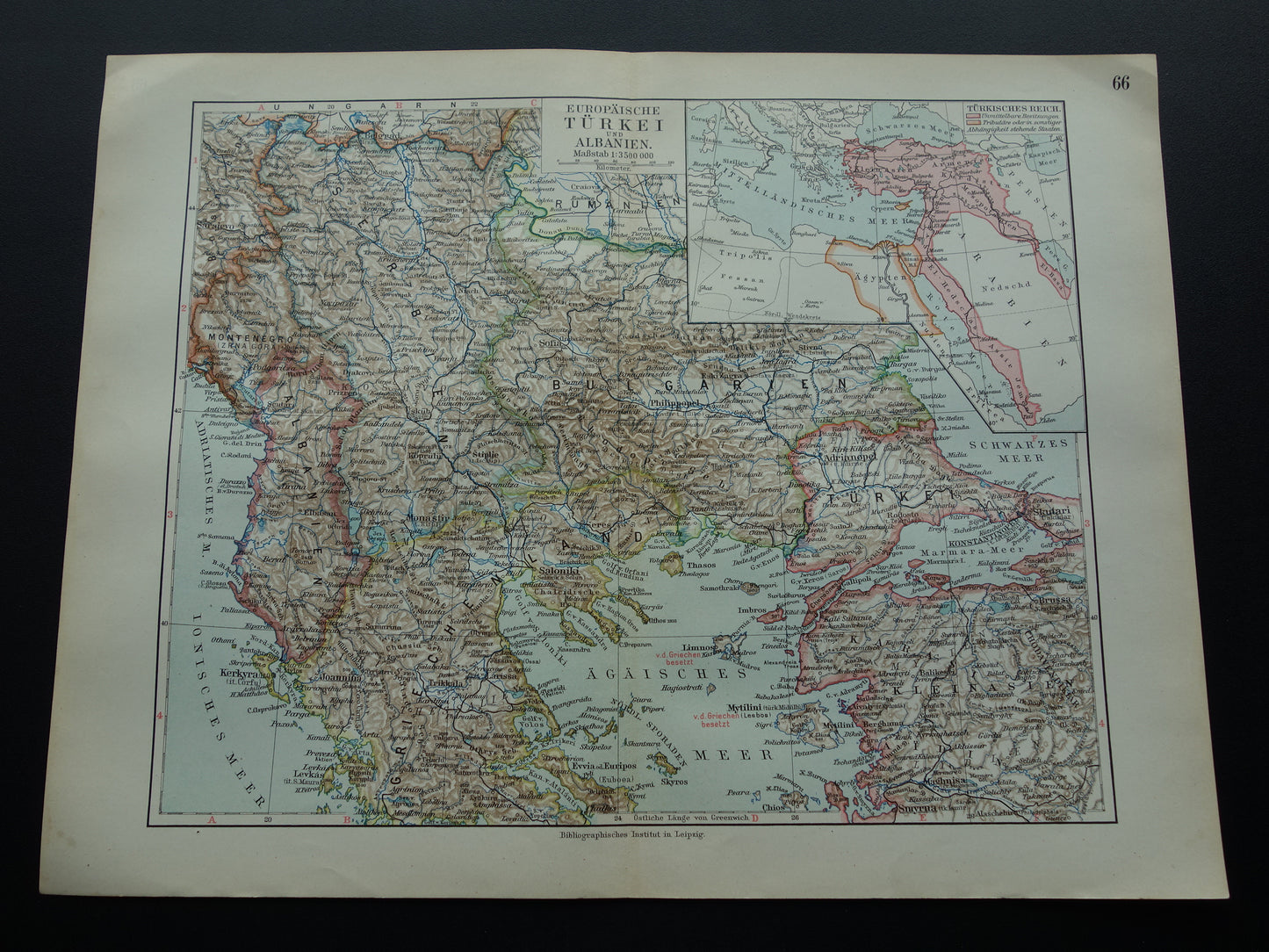 Servië en Albanië oude kaart van de Balkan 1913 originele antieke Duitse landkaart van het Turkse Rijk
