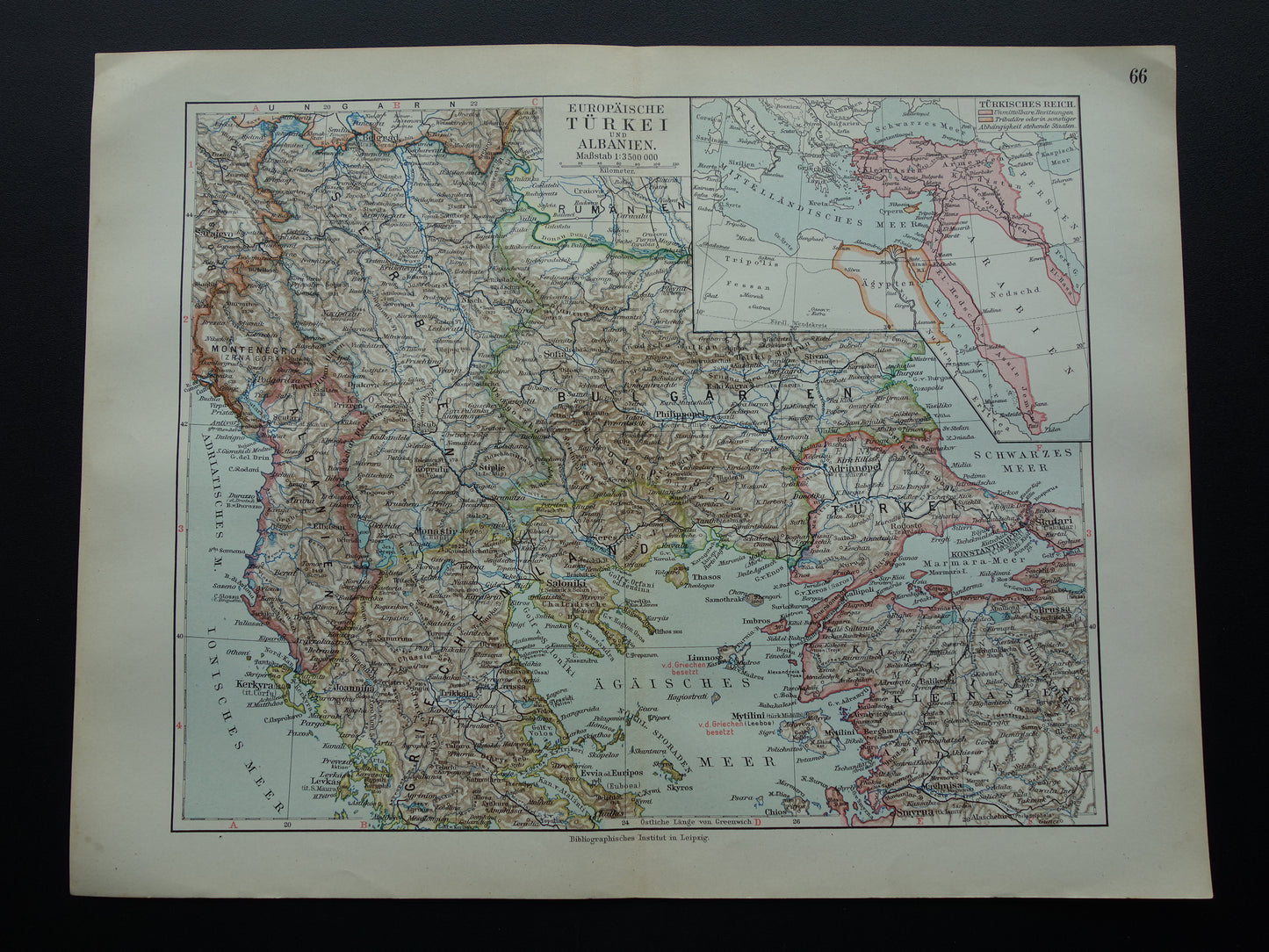 Servië en Albanië oude kaart van de Balkan 1913 originele antieke Duitse landkaart van het Turkse Rijk