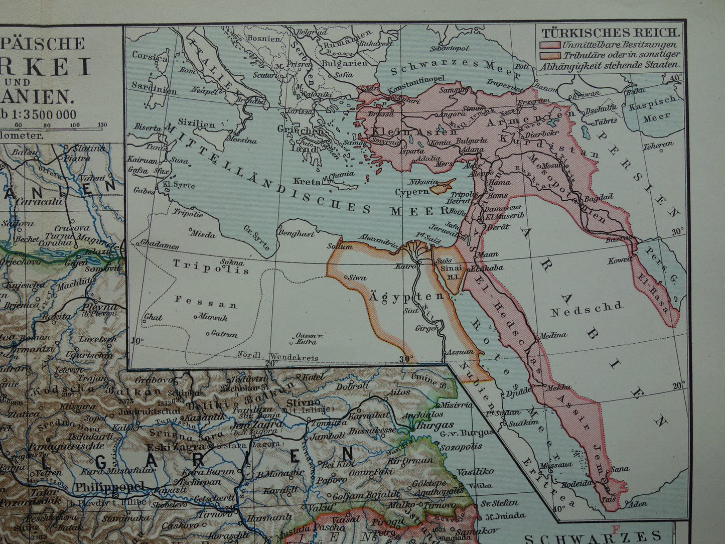 Servië en Albanië oude kaart van de Balkan 1913 originele antieke Duitse landkaart van het Turkse Rijk