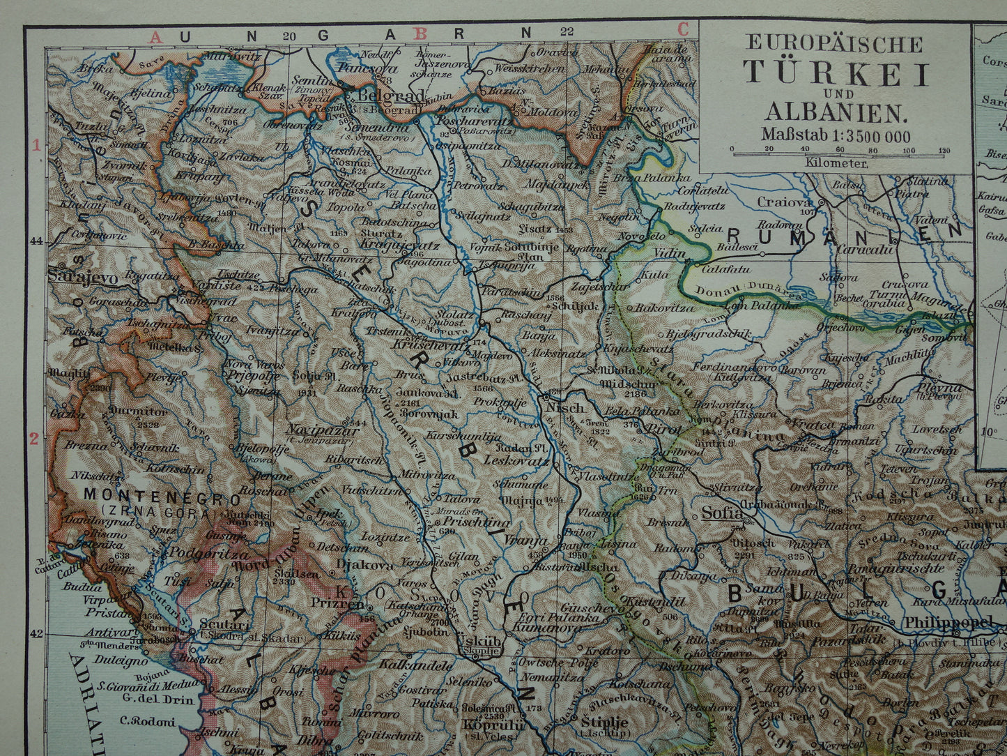 Servië en Albanië oude kaart van de Balkan 1913 originele antieke Duitse landkaart van het Turkse Rijk