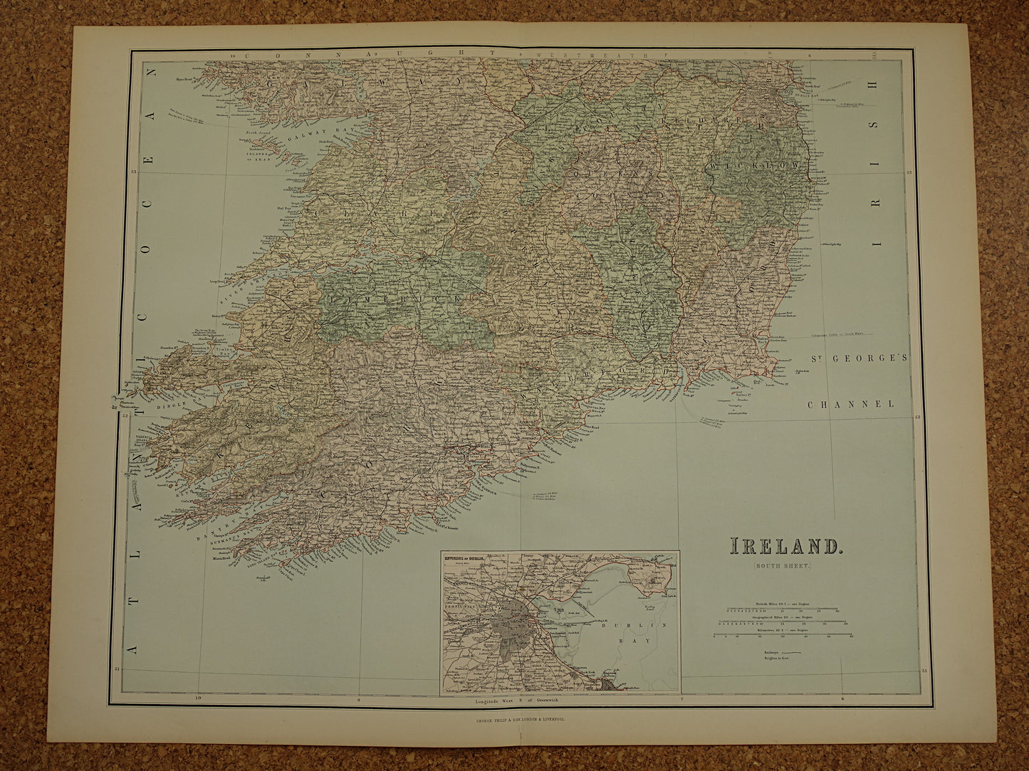 Grote oude landkaart van Ierland uit 1890 originele oude Engelse kaart van zuid Ierland Cork Dublin Wicklow groot formaat vintage landkaarten