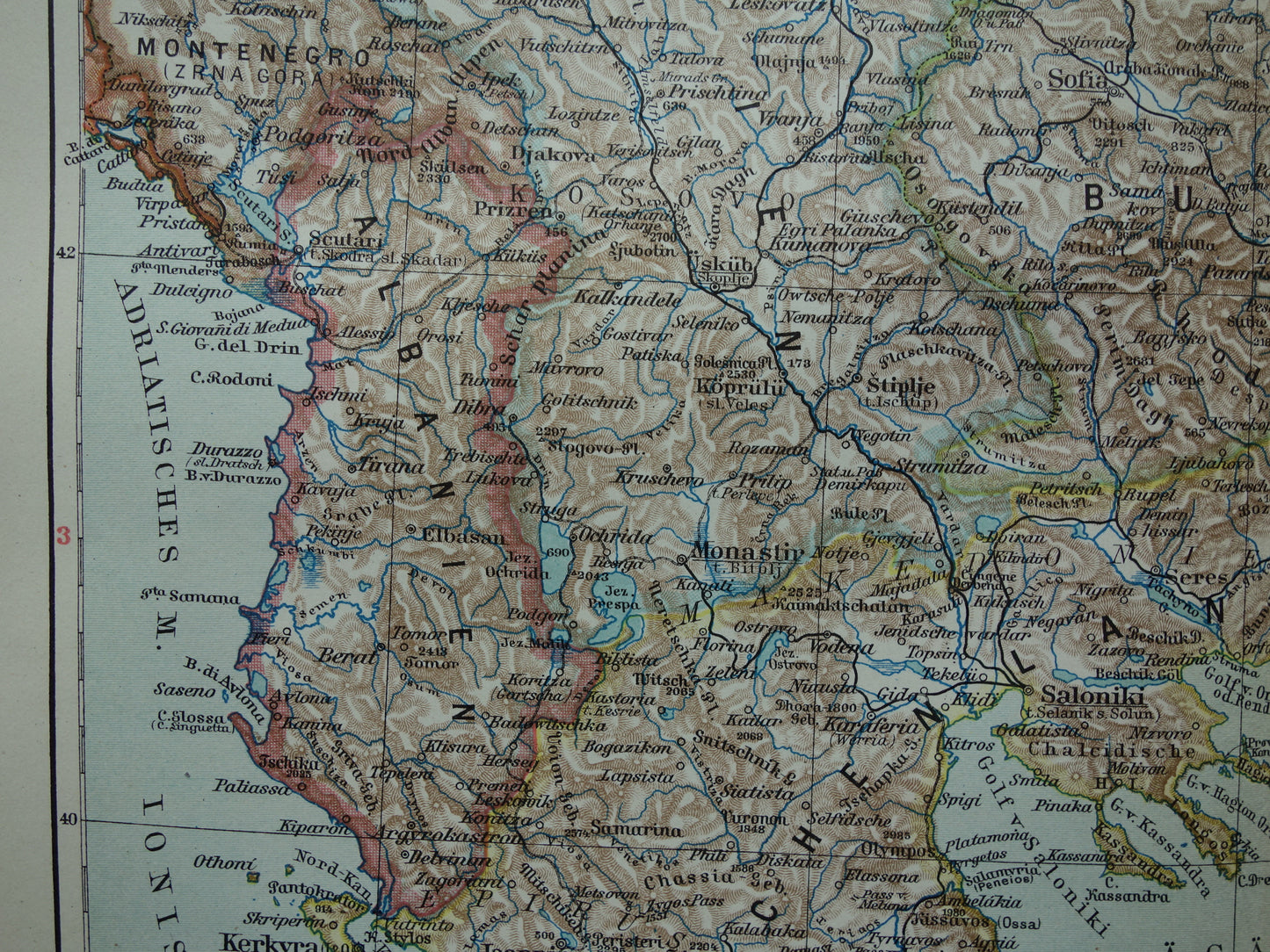 Servië en Albanië oude kaart van de Balkan 1913 originele antieke Duitse landkaart van het Turkse Rijk