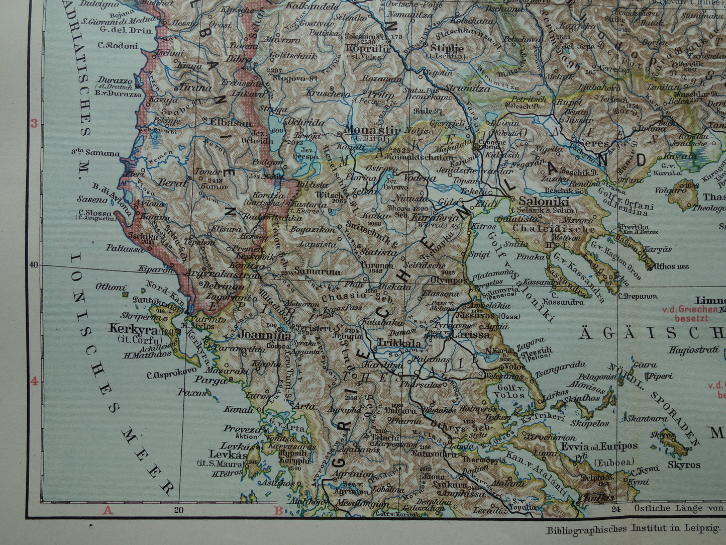 Servië en Albanië oude kaart van de Balkan 1913 originele antieke Duitse landkaart van het Turkse Rijk