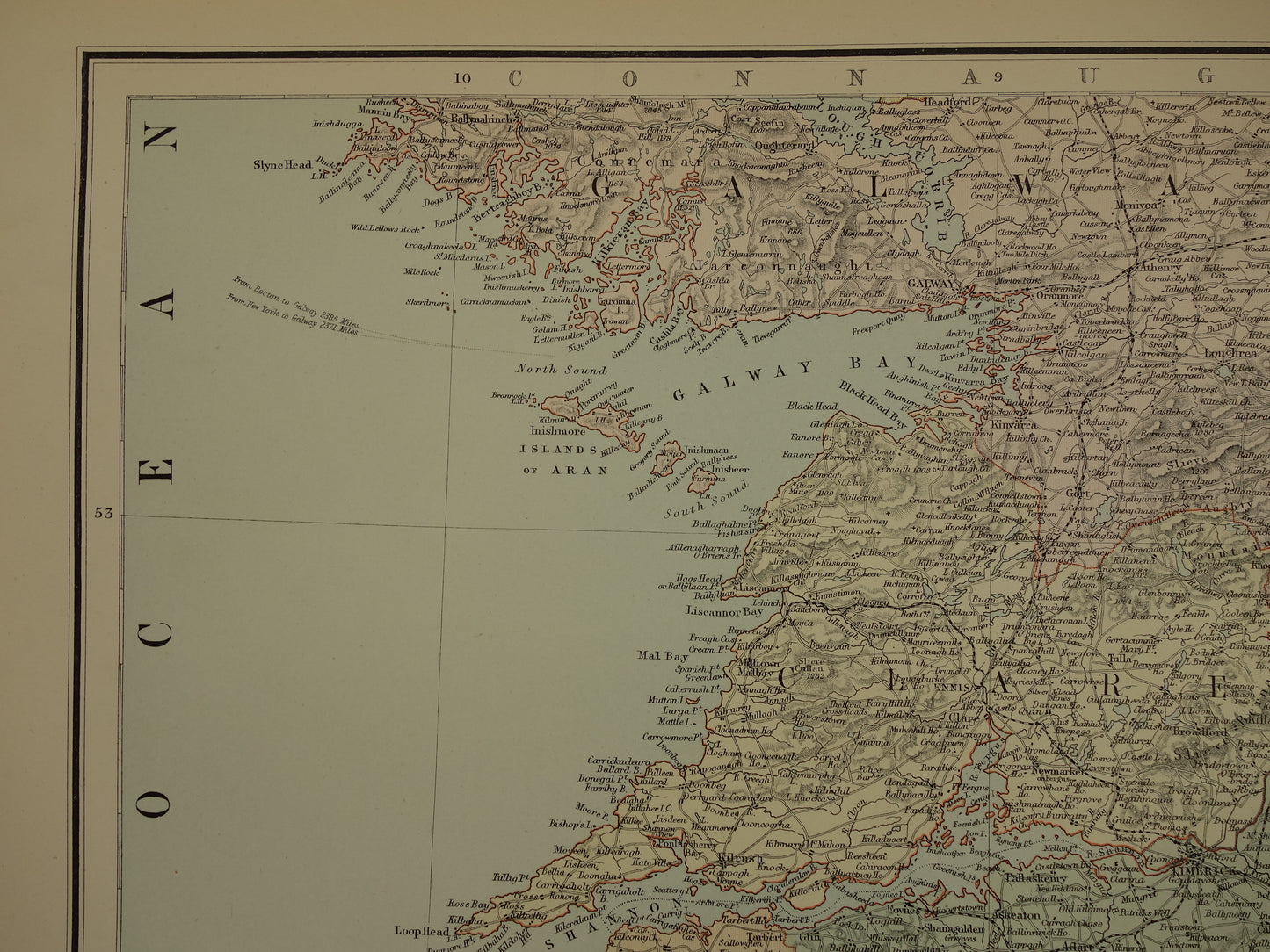 Grote oude landkaart van Ierland uit 1890 originele oude Engelse kaart van zuid Ierland Cork Dublin Wicklow groot formaat vintage landkaarten