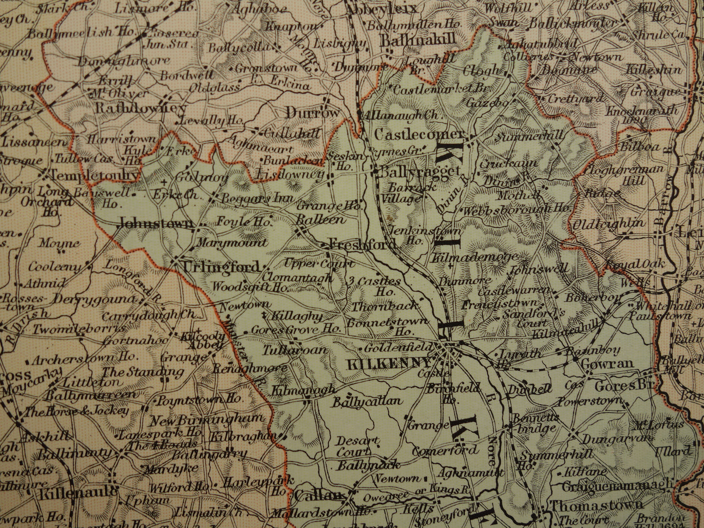 Grote oude landkaart van Ierland uit 1890 originele oude Engelse kaart van zuid Ierland Cork Dublin Wicklow groot formaat vintage landkaarten