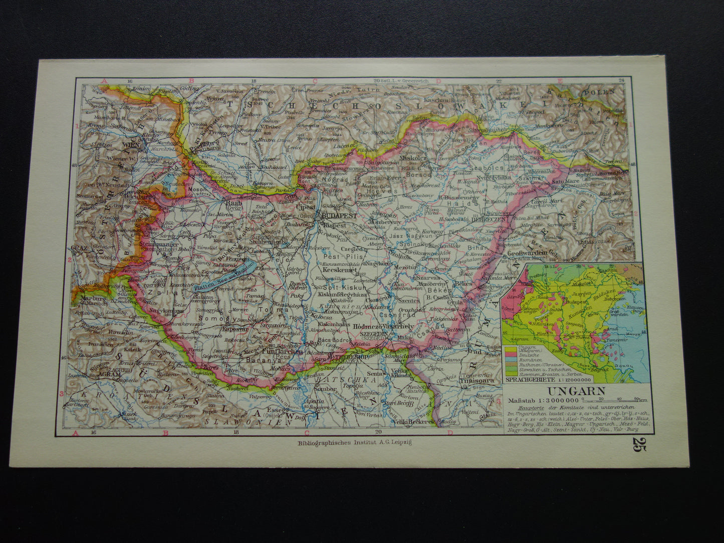 HONGARIJE oude landkaart van Hongarije 1931 originele vintage Duitse kaart Budapest inzetkaart gesproken talen