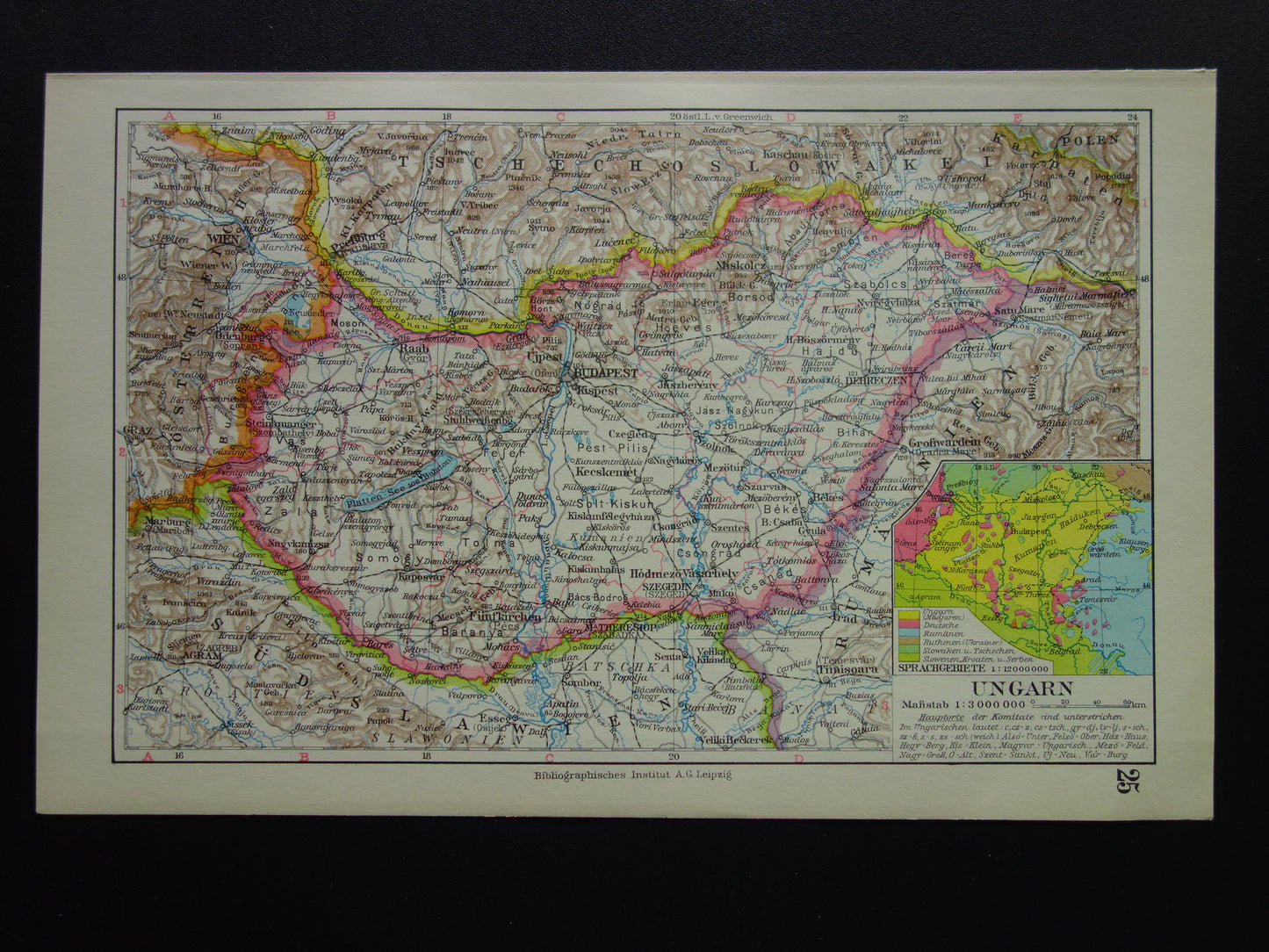 HONGARIJE oude landkaart van Hongarije 1931 originele vintage Duitse kaart Budapest inzetkaart gesproken talen