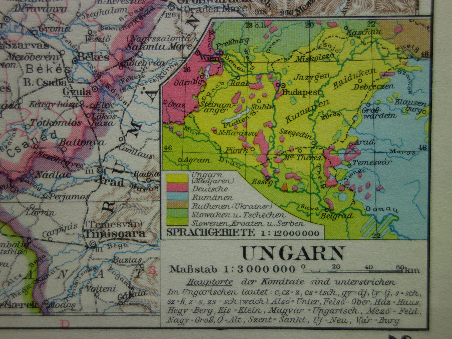 HONGARIJE oude landkaart van Hongarije 1931 originele vintage Duitse kaart Budapest inzetkaart gesproken talen