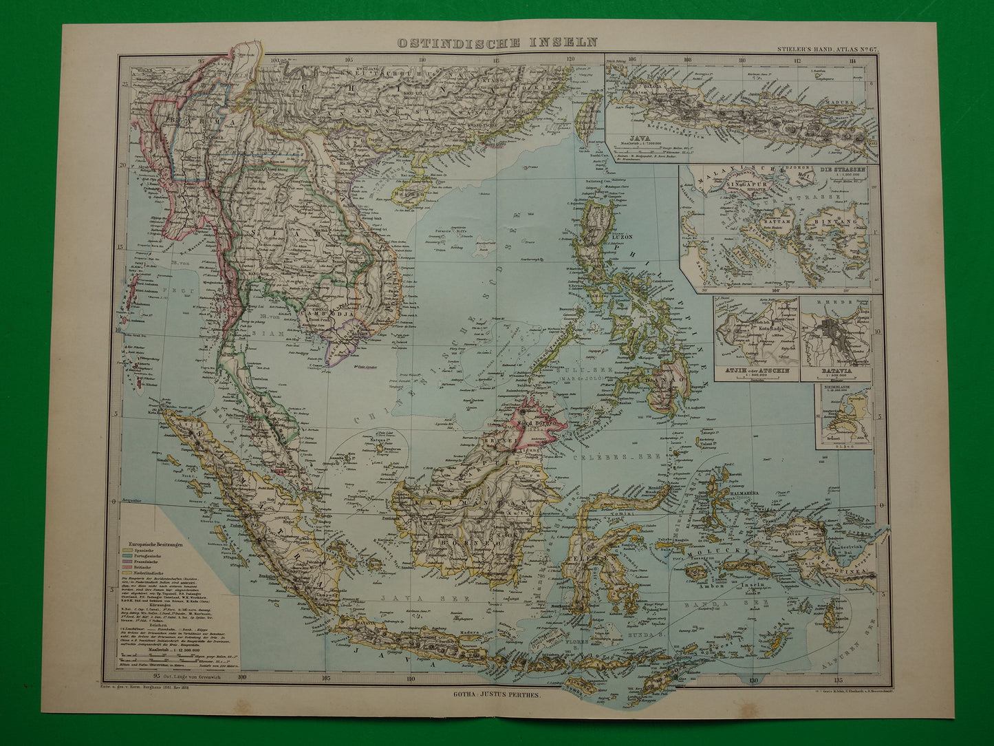 INDONESIË antieke kaart van Indonesië Filipijnen Zuidoost-Azië 1885 Mooie originele oude landkaart van Batavia Atjeh Java