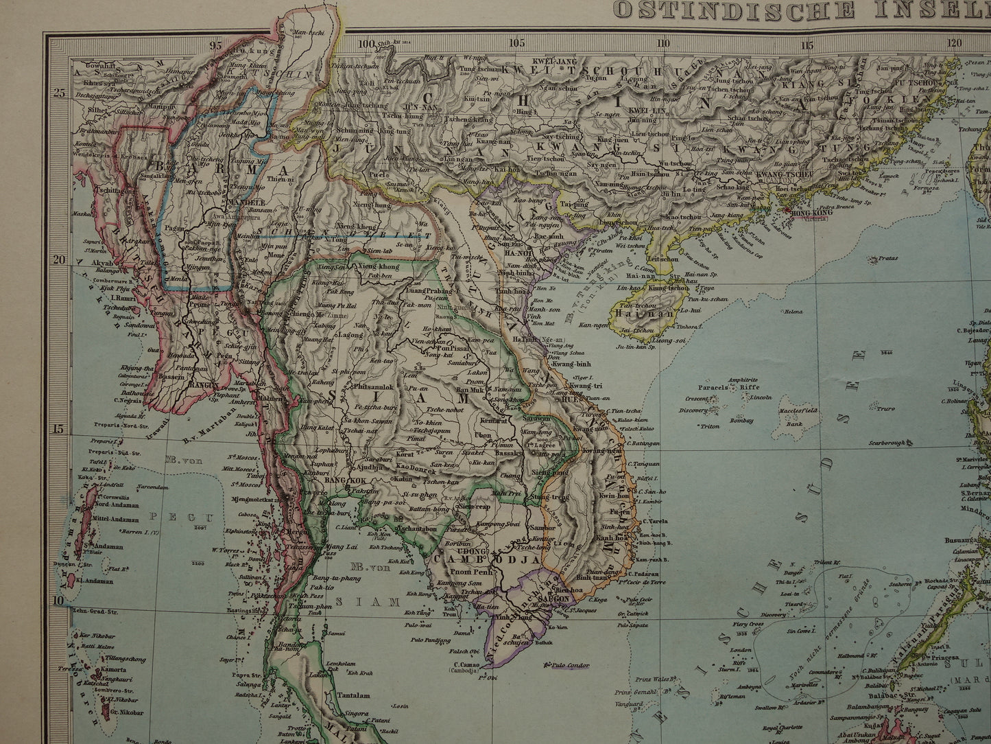 INDONESIË antieke kaart van Indonesië Filipijnen Zuidoost-Azië 1885 Mooie originele oude landkaart van Batavia Atjeh Java