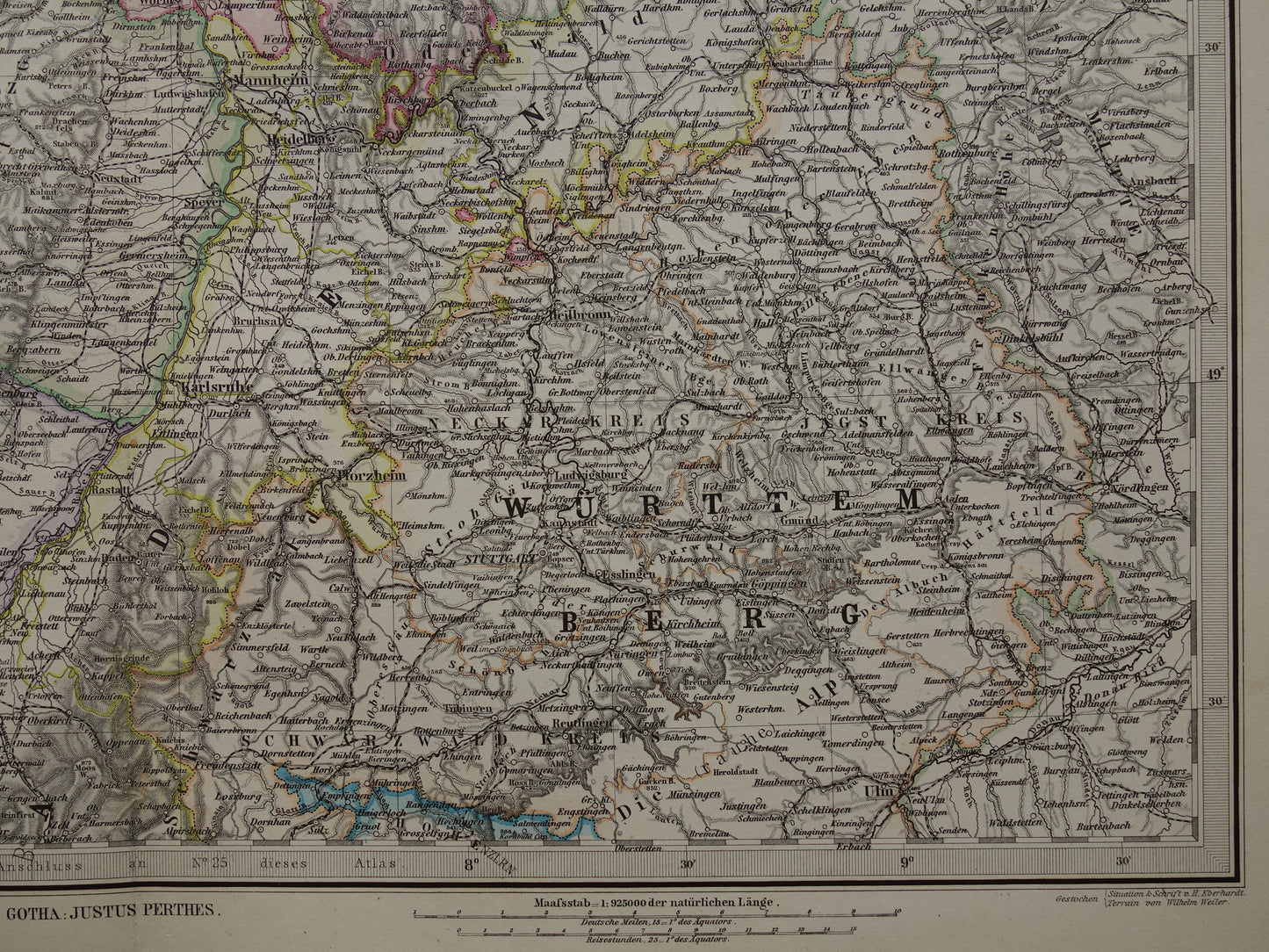 Antieke kaart van zuidwest Duitsland 1885 Mooie originele oude landkaart van Stuttgart Karlsruhe Hessen Darmstadt Mannheim Straatsburg Lotharingen Hunsrück vintage landkaarten