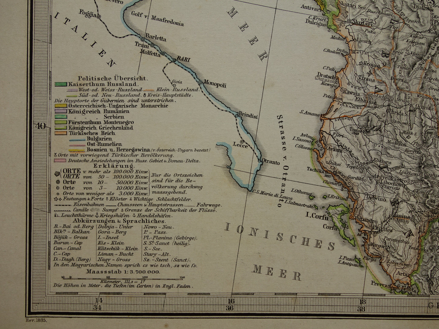 Oude landkaart van de Balkan uit 1885 originele antieke kaart/poster Turkse Rijk in Europa met Servië Roemenië Montenegro