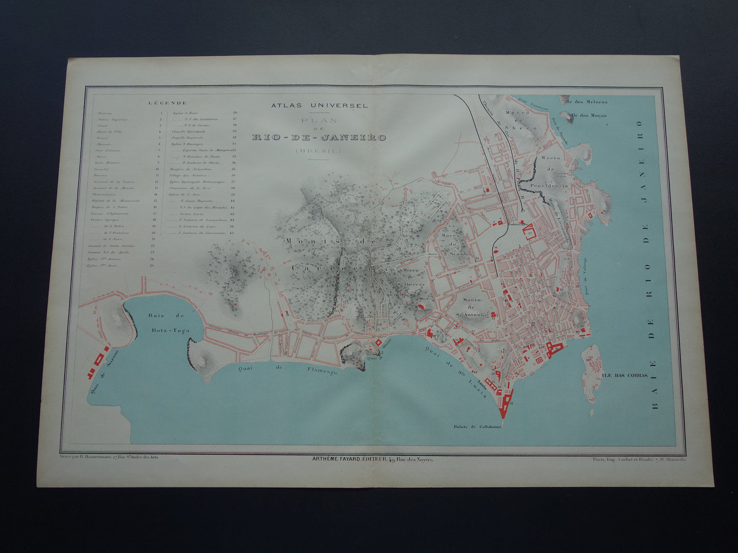 Oude kaart van Rio de Janeiro Brazilië uit 1879 originele antieke Franse plattegrond historische kaarten Rio
