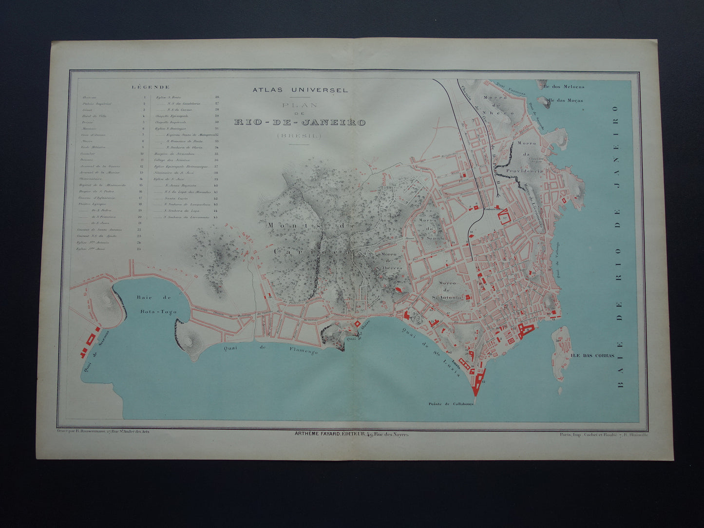 Oude kaart van Rio de Janeiro Brazilië uit 1879 originele antieke Franse plattegrond historische kaarten Rio