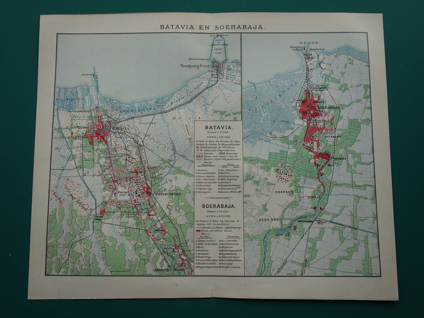 Oude kaart van Jakarta en Soerabaja Indonesië 1905 originele antieke plattegrond Batavia Surabaya vintage kaarten