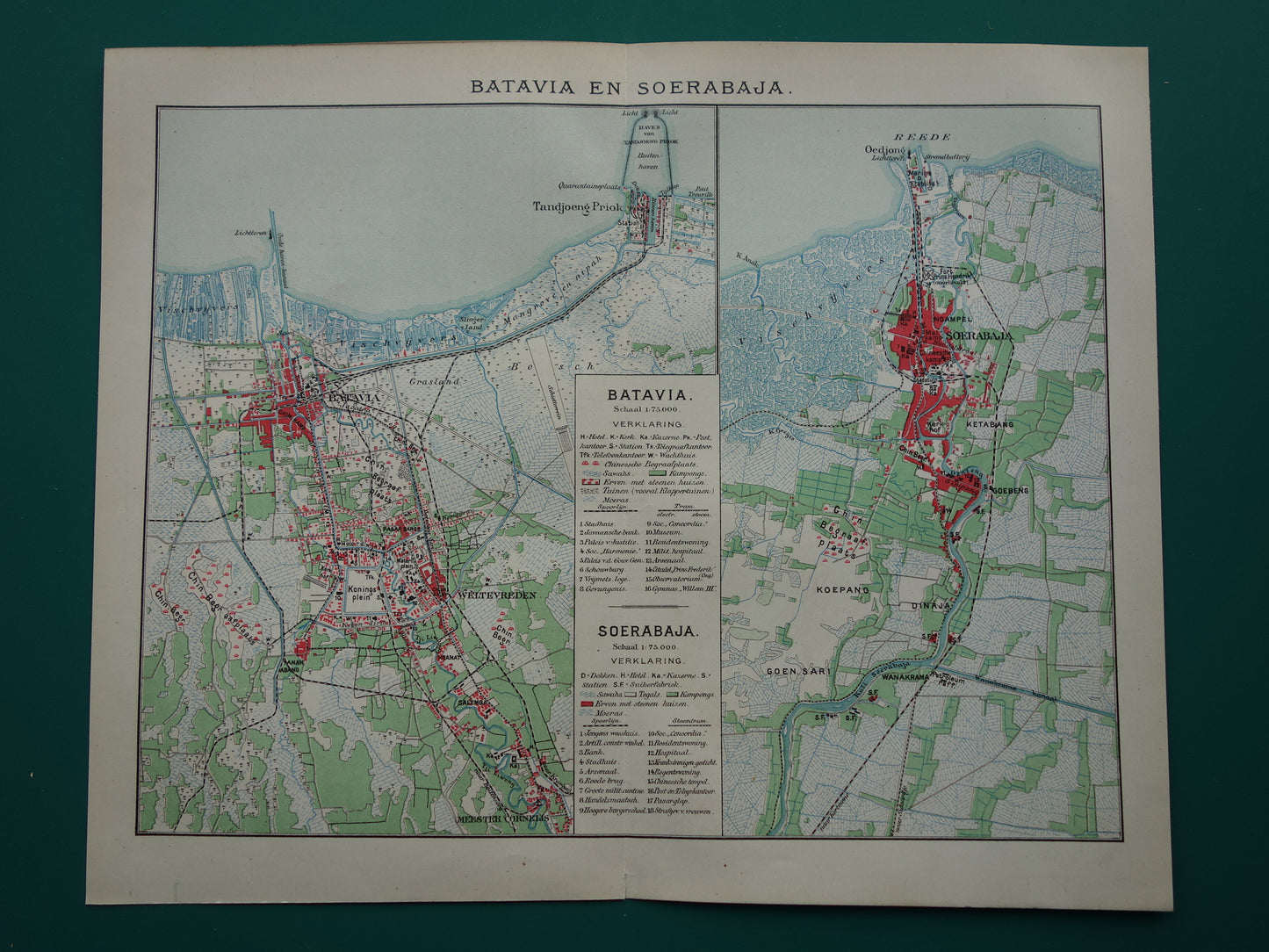 Oude kaart van Jakarta en Soerabaja Indonesië 1905 originele antieke plattegrond Batavia Surabaya vintage kaarten