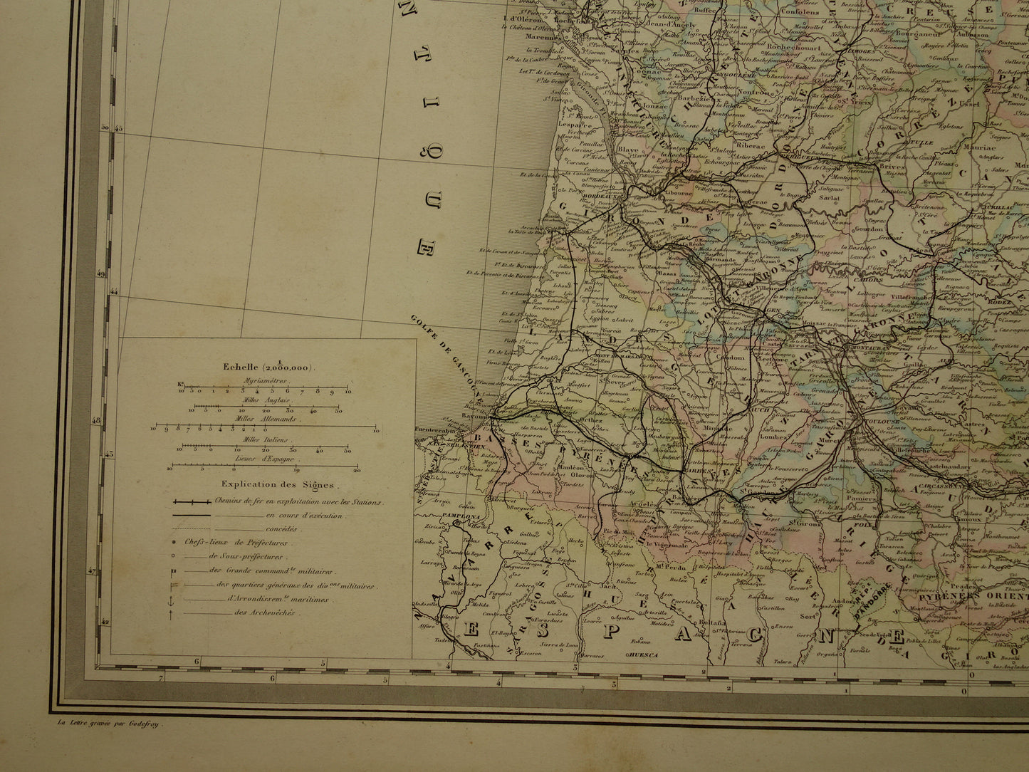 Oude landkaart van Frankrijk uit 1864 zeer grote antieke kaart Vintage handgekleurde kaarten met jaartal