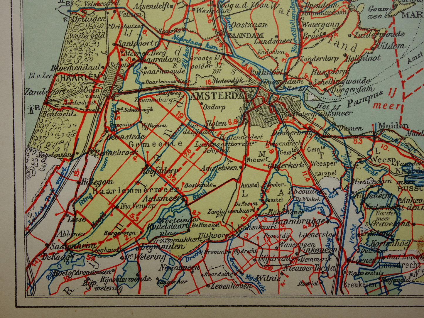 Noord-Holland Oude landkaart van de provincie Noord-Holland uit 1936 originele vintage kaart Zaandam Alkmaar Texel - antieke landkaarten