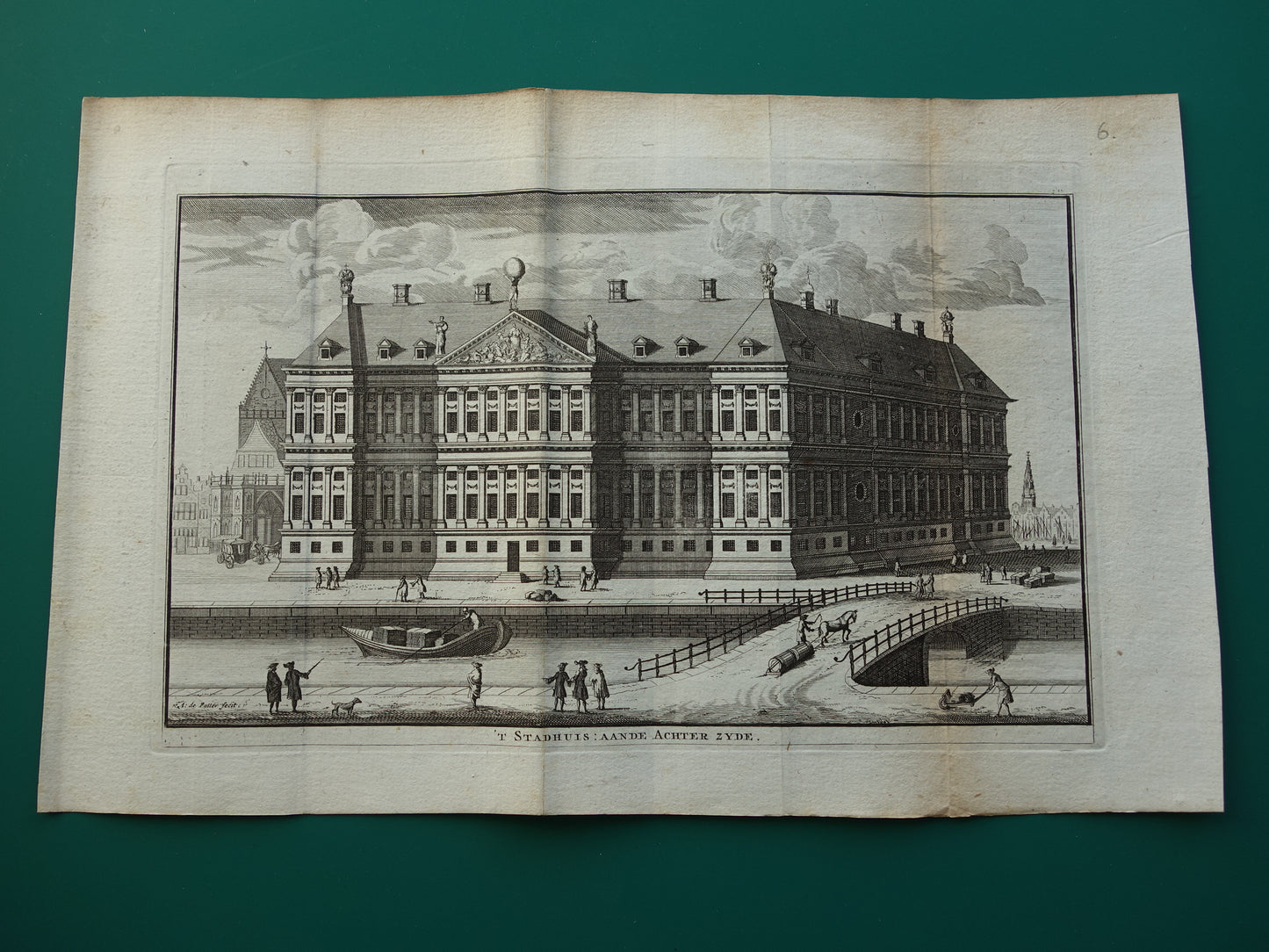 Paleis op de Dam Oude prent Staduis Amsterdam Originele antieke gravure Achterzijde Paleis Nieuwezijds Voorburgwal Historisch stadsgezicht Vintage Print