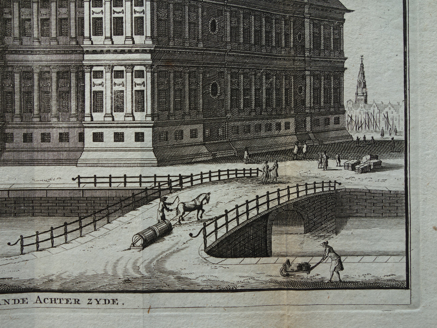 Paleis op de Dam Oude prent Stadhuis Amsterdam Originele antieke gravure Nieuwezijds Voorburgwal Historisch stadsgezicht Vintage Print