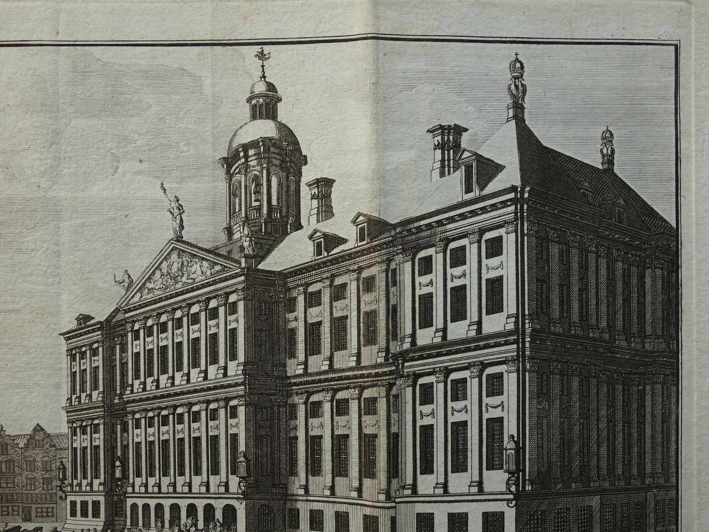 Oude prent van Paleis op de Dam Amsterdam Originele antieke gravure Stadhuis Historisch stadsgezicht Vintage Print