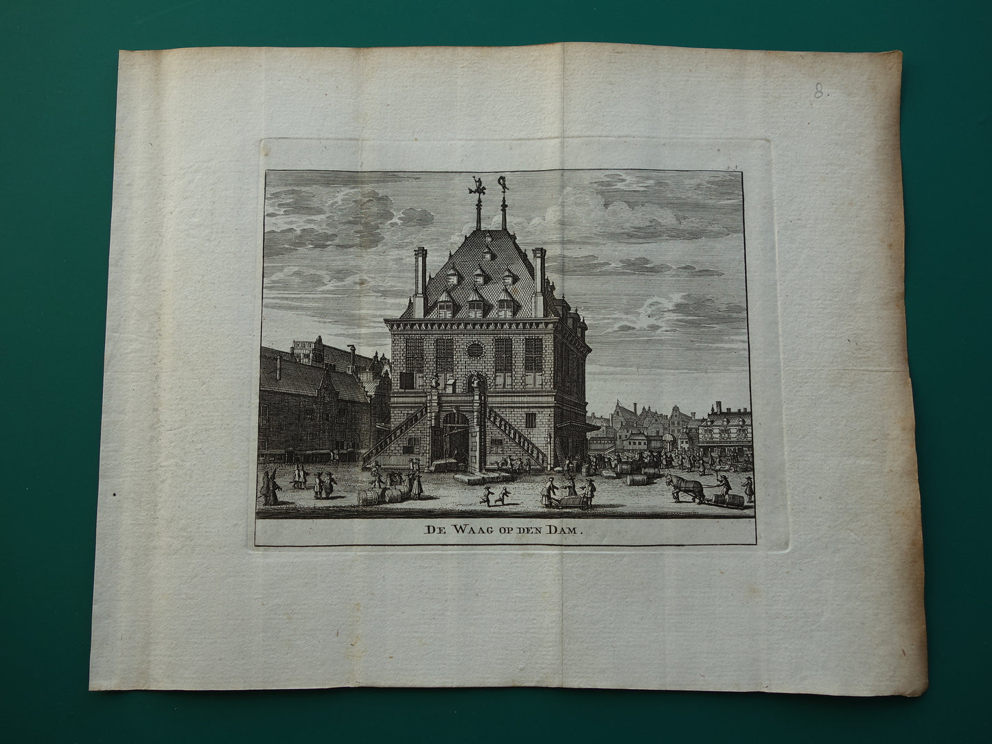 De Waag op de Dam Oude prent Amsterdam Originele antieke gravure Damplein Historisch stadsgezicht Vintage Print