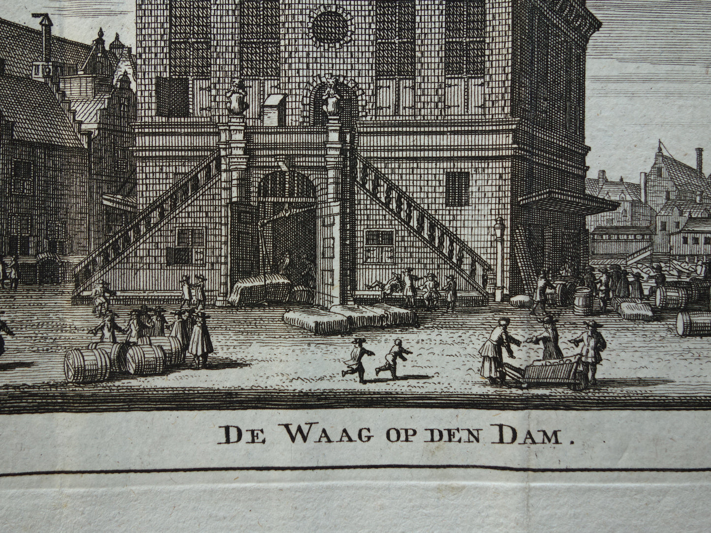 De Waag op de Dam Oude prent Amsterdam Originele antieke gravure Damplein Historisch stadsgezicht Vintage Print