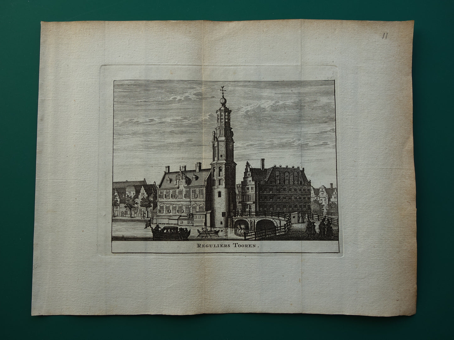 Oude prent van de Munttoren in Amsterdam Originele antieke gravure Reguliers Tooren Muntplein Historisch stadsgezicht Toren Vintage Print
