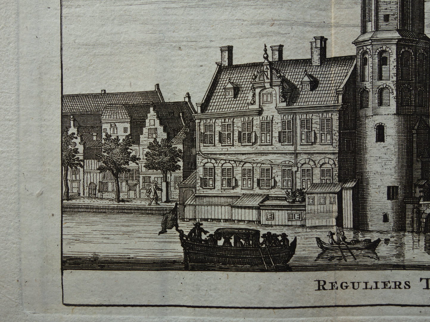 Oude prent van de Munttoren in Amsterdam Originele antieke gravure Reguliers Tooren Muntplein Historisch stadsgezicht Toren Vintage Print