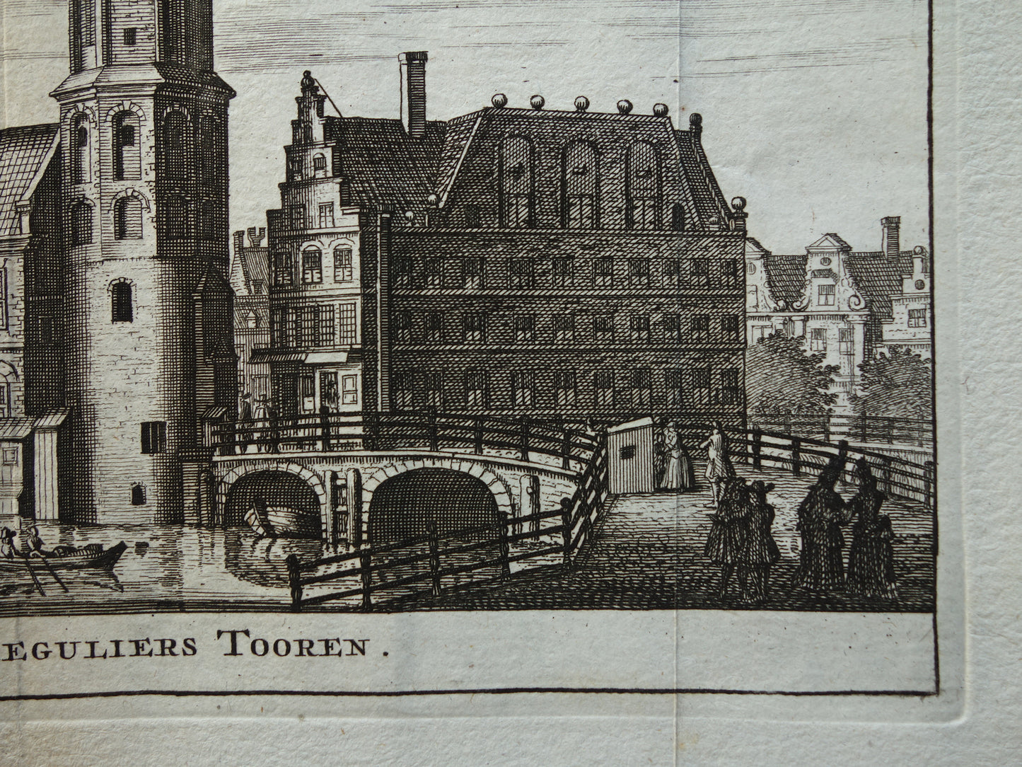 Oude prent van de Munttoren in Amsterdam Originele antieke gravure Reguliers Tooren Muntplein Historisch stadsgezicht Toren Vintage Print