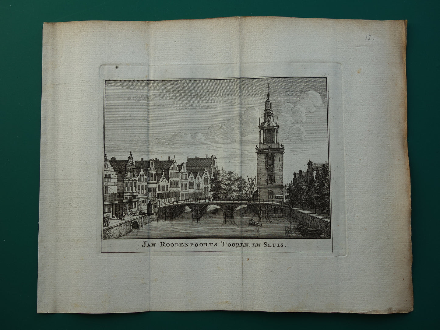 Oude prent van Amsterdam Jan Roodenpoortstoren Originele antieke gravure hoek Singel en Torensteeg Torensluis Amsterdam Vintage Print