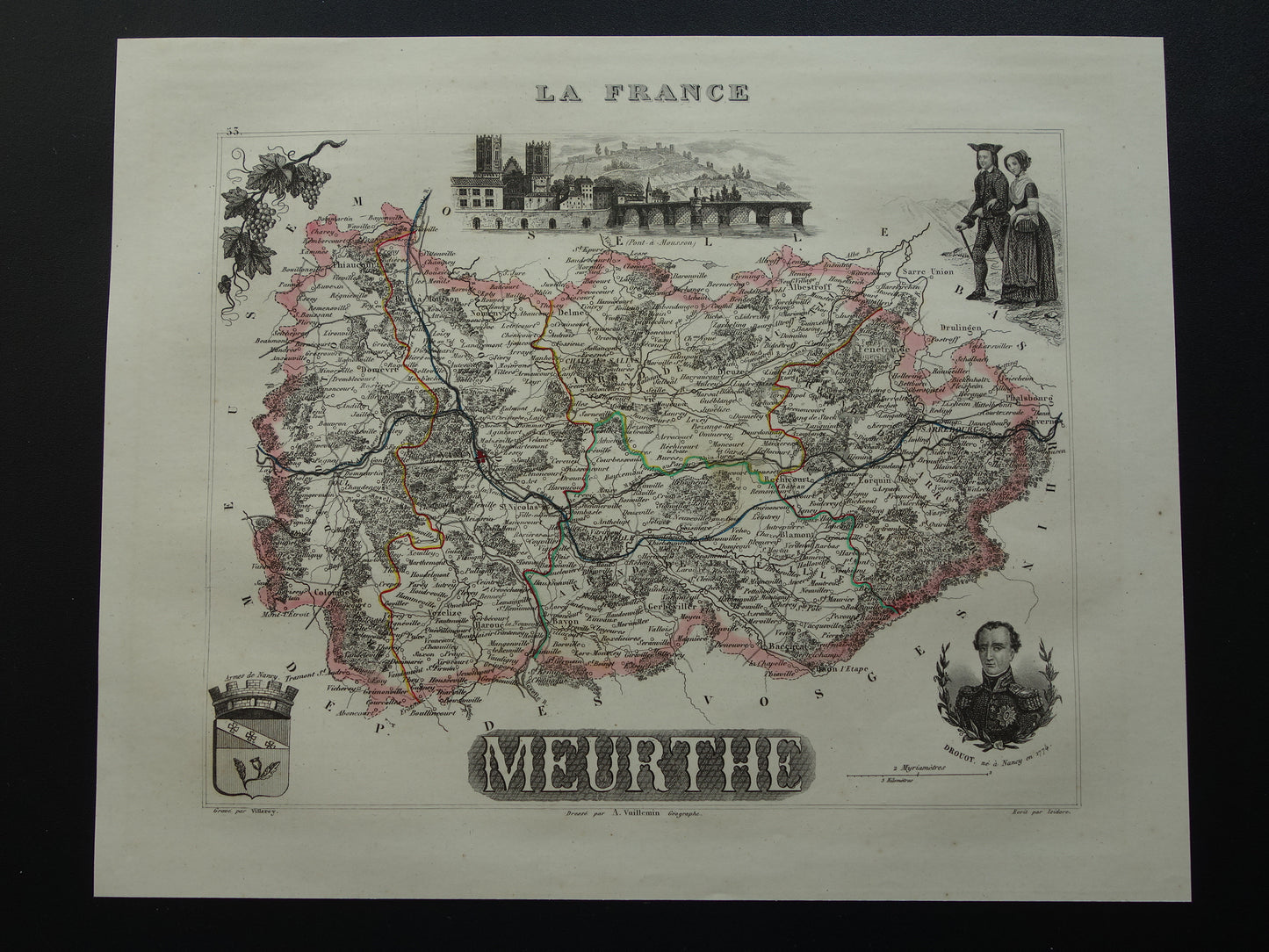 Oude kaart van Meurthe departement in Frankrijk uit 1851 originele antieke landkaart Nancy Lunéville Pont-à-Mousson historische kaarten